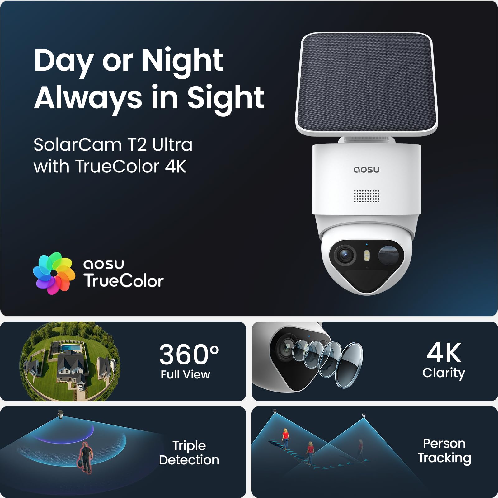aosu T2 Ultra 4K Security Cameras Wireless Outdoor, TrueColor Night Vision, AI Triple Detection, 360° Auto Tracking, Solar Powered WiFi Camera for Home Security, 1Pack — view 2