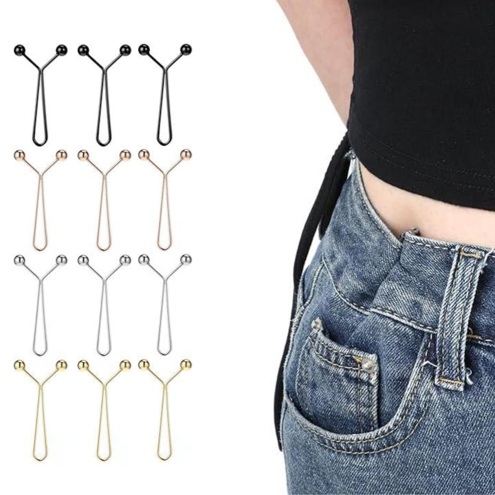 Elenviorina 12PCS Waistband Tightener Clips - Adjustable Waist Tightener Buckles - Metal Pants Waist Adjusters for Loose Jeans Trousers - Multi Color Set Size 14x34mm