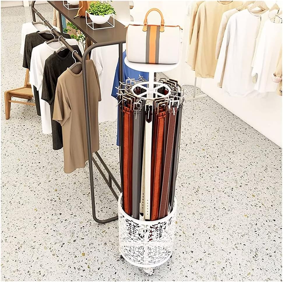 exproyzk Belt and Necktie Rack Movable Belt Display Rack with Wheels Floor-to-Ceiling Rotatable Racks for Clothing Store Retailers (Color : White, Size : 40x155cm)