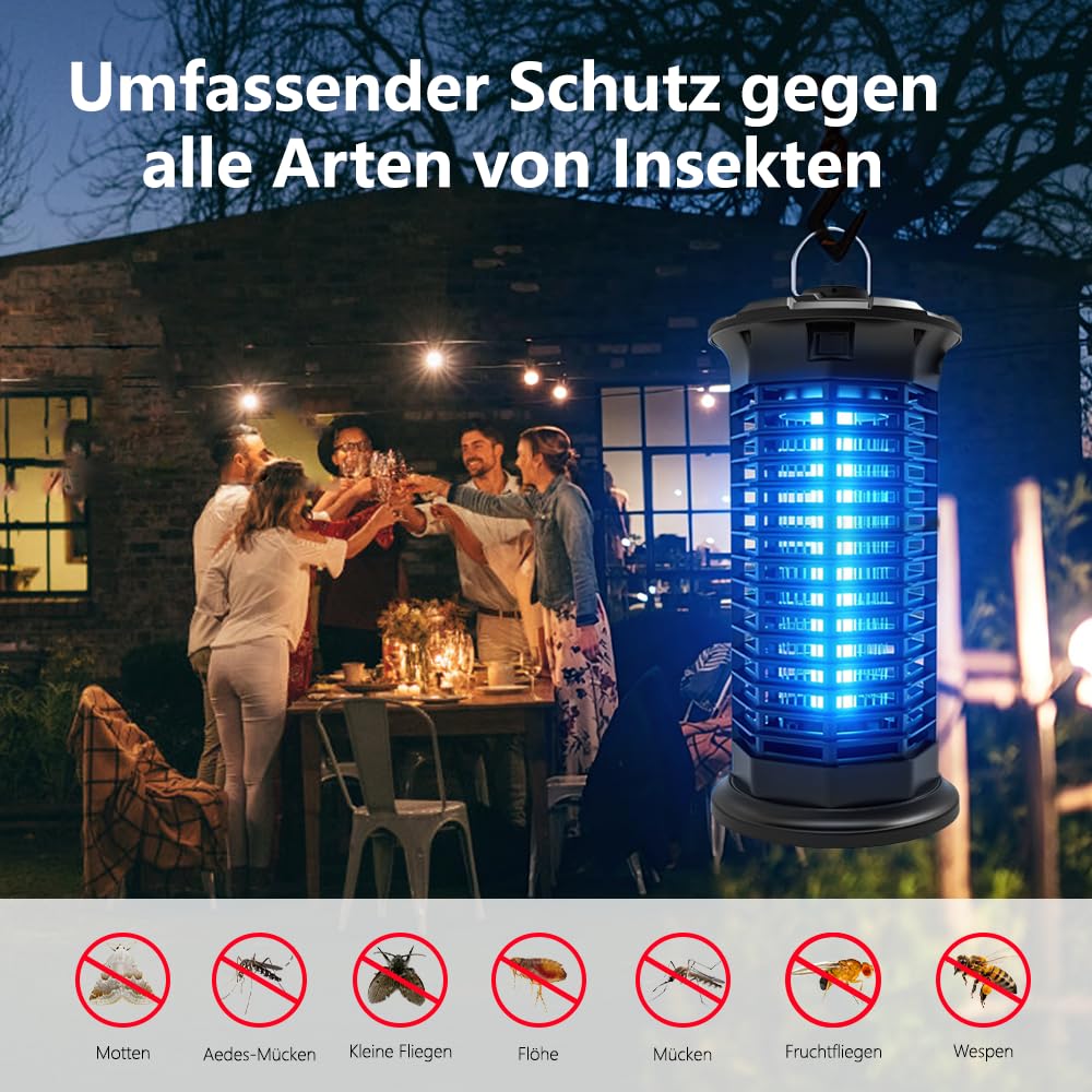 Insektenvernichter Elektrisch, 360° Mückenvernichter Lampe, 3 m Netzkabel UV Mückenlampe Hochspannung insektenfänger, Fliegenfalle elektrisch mückenfalle für Innen Auße, Anti Mücken, Fliegen, Motten