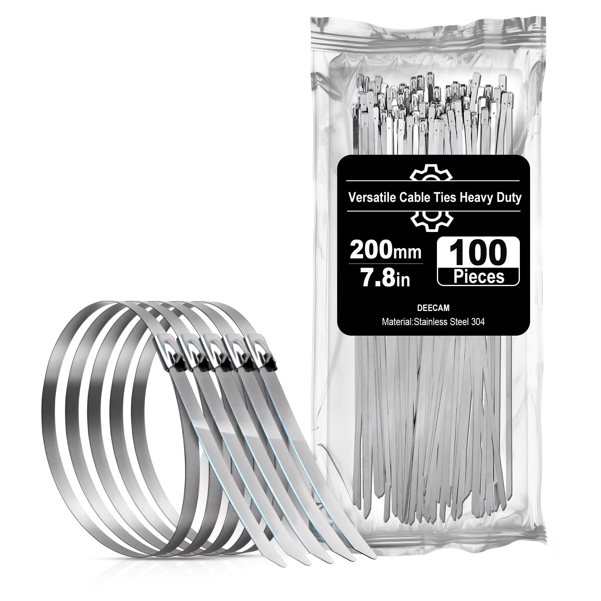 Metal Stainless Steel Cable Ties 100 Pieces 200×4.6 mm,Cable Ties,Pipes,Fences,Multipurpose with Non-Slip Deecam Flanges 304 Stainless Steel — image 1