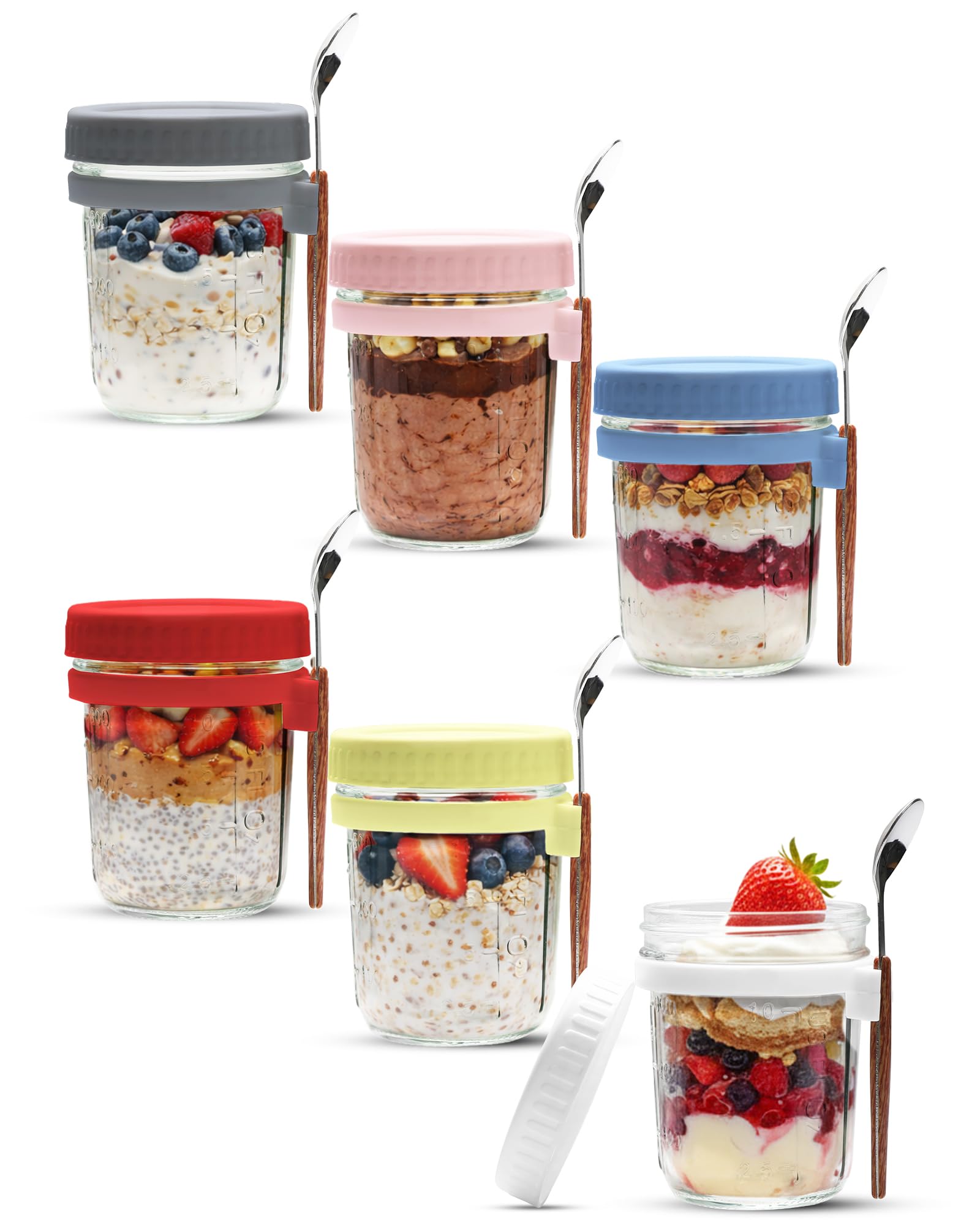 6 szt. słoiki na overnight oats z pokrywką i łyżką – szklane pojemniki meal prep ze skalą do musli, jogurtu i owsianki – szczelne słoiki śniadaniowe na wynos do sałatki i puddingu chia