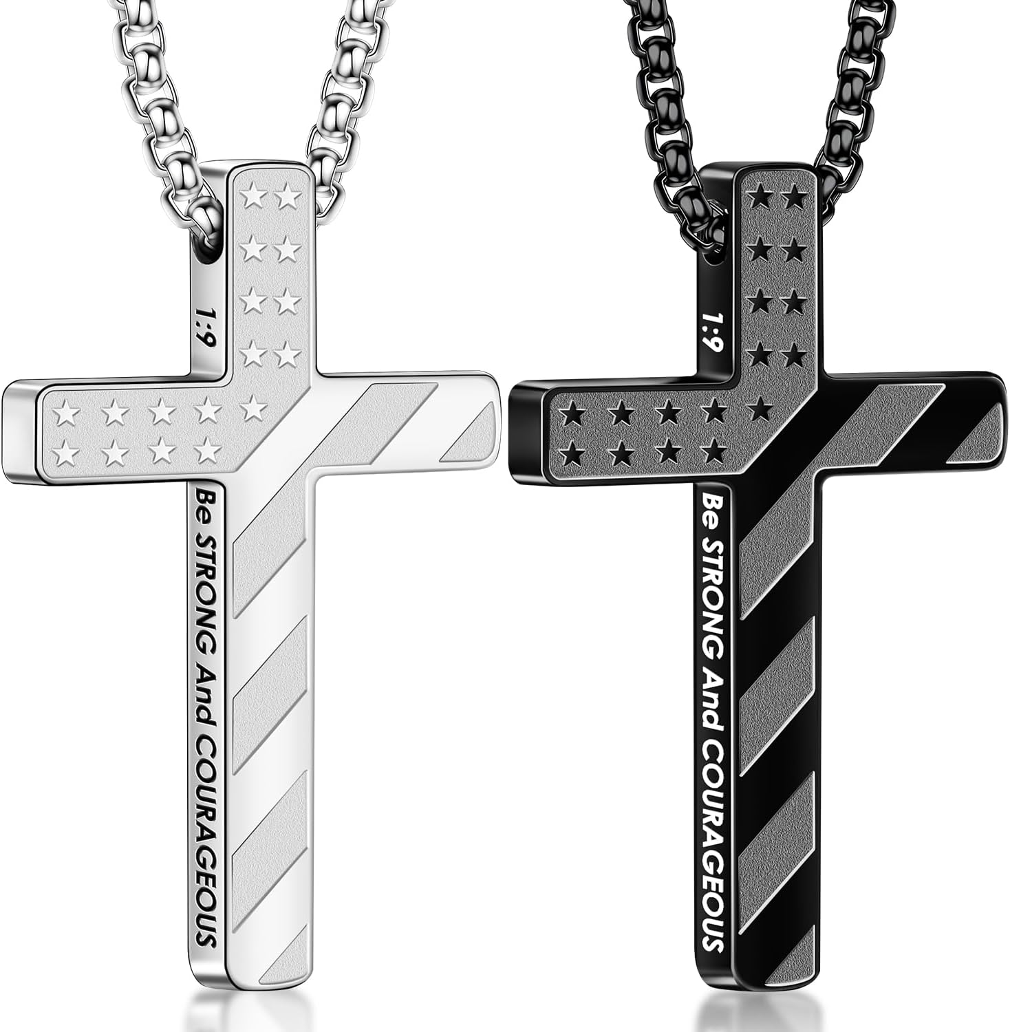Romass Valentines Day Gifts for Him 2Pcs Cross Necklace for Men Boys,Silver Black Gold Bible Verse Stainless Steel American Flag Pendant Chain Gifts Jewelry Box