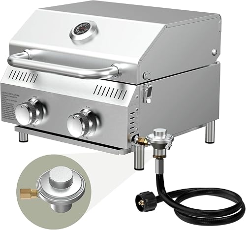 Miniatura 14 de BESTFIRE Parrilla de gas de mesa con 2 quemadores y tapa de vidrio de visión, parrilla portátil de acero inoxidable de 20,000 BTU con termómetro,