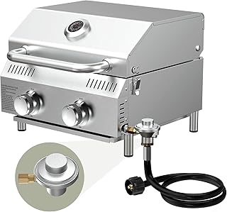 Bestfire Tabletop Gas Grill 2 Burners- Dual Connections, 20,000 BTUs Stainless Steel Portable Grill Fits Large Gas Cylinders and Small Canisters for Outdoor Camping and RV Trips