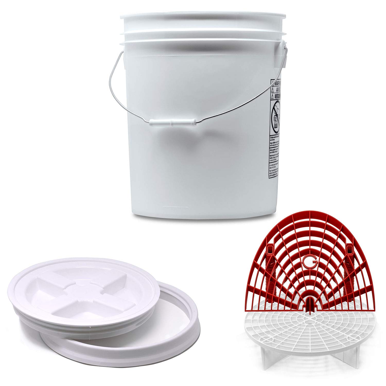 Detailmate professionelles Wasch Eimer Set: Magic Bucket Wascheimer 5 GAL (ca. 20 Liter), Gamma Seal Eimerdeckel weiß, GritGuard Schmutz Einsatz weiß, GritGuard Washboard rot