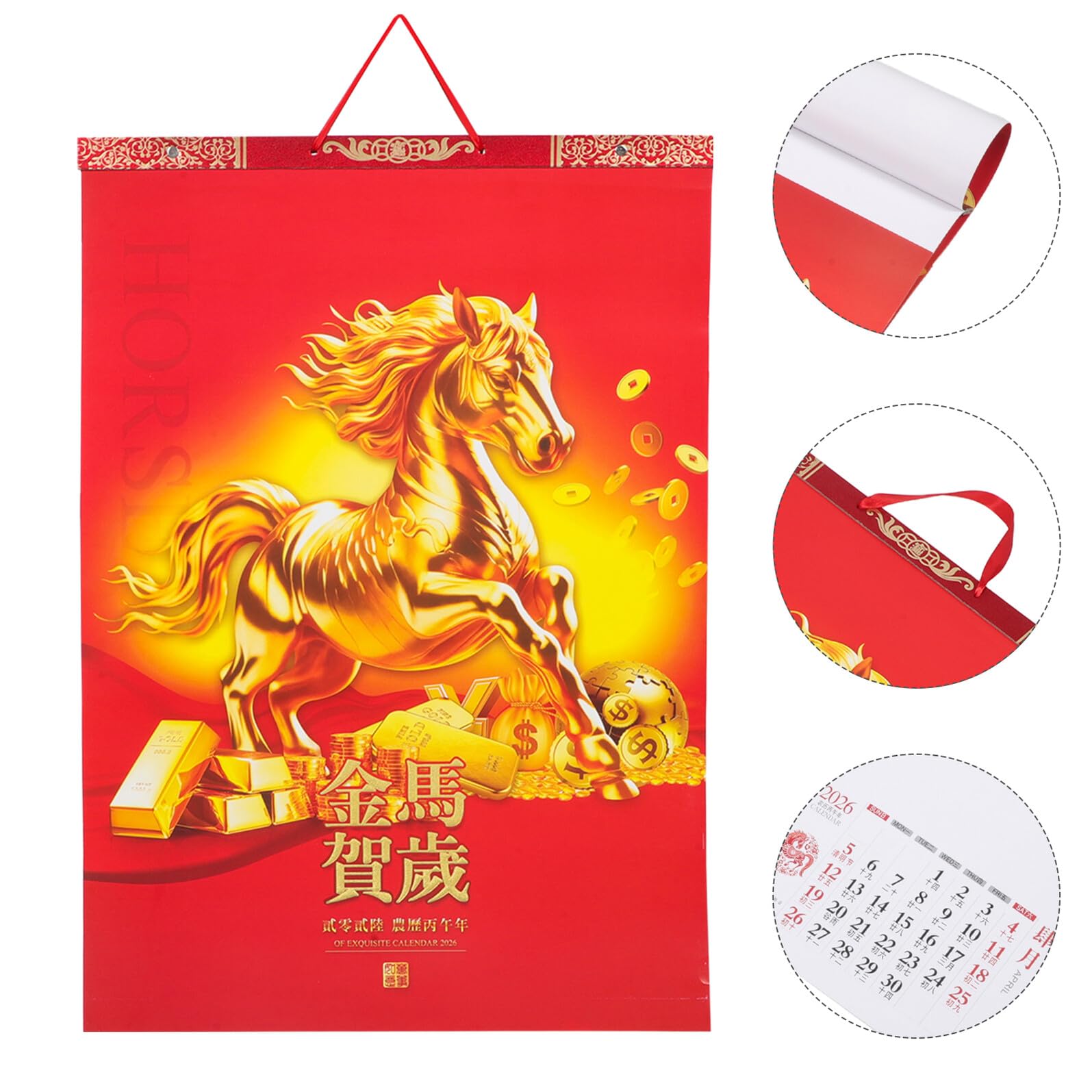 PLAFOPE Calendario de Pared 2026 del Año del Caballo Calendario Lunar Mensual con Fases Lunares Color Rojo Decoración Feng Shui para Oficina Hogar y Escuela