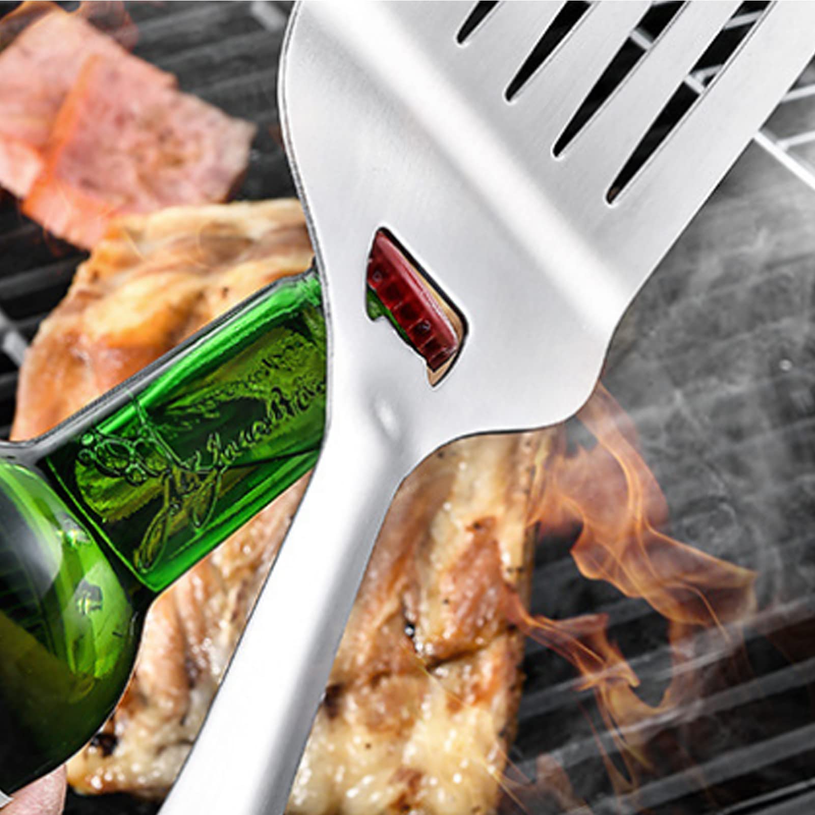 Espátula de metal con ranura ranurada de acero inoxidable, utensilio de cocina resistente con mango de agarre largo y mango de fácil agarre para freír, cocinar, escurrir