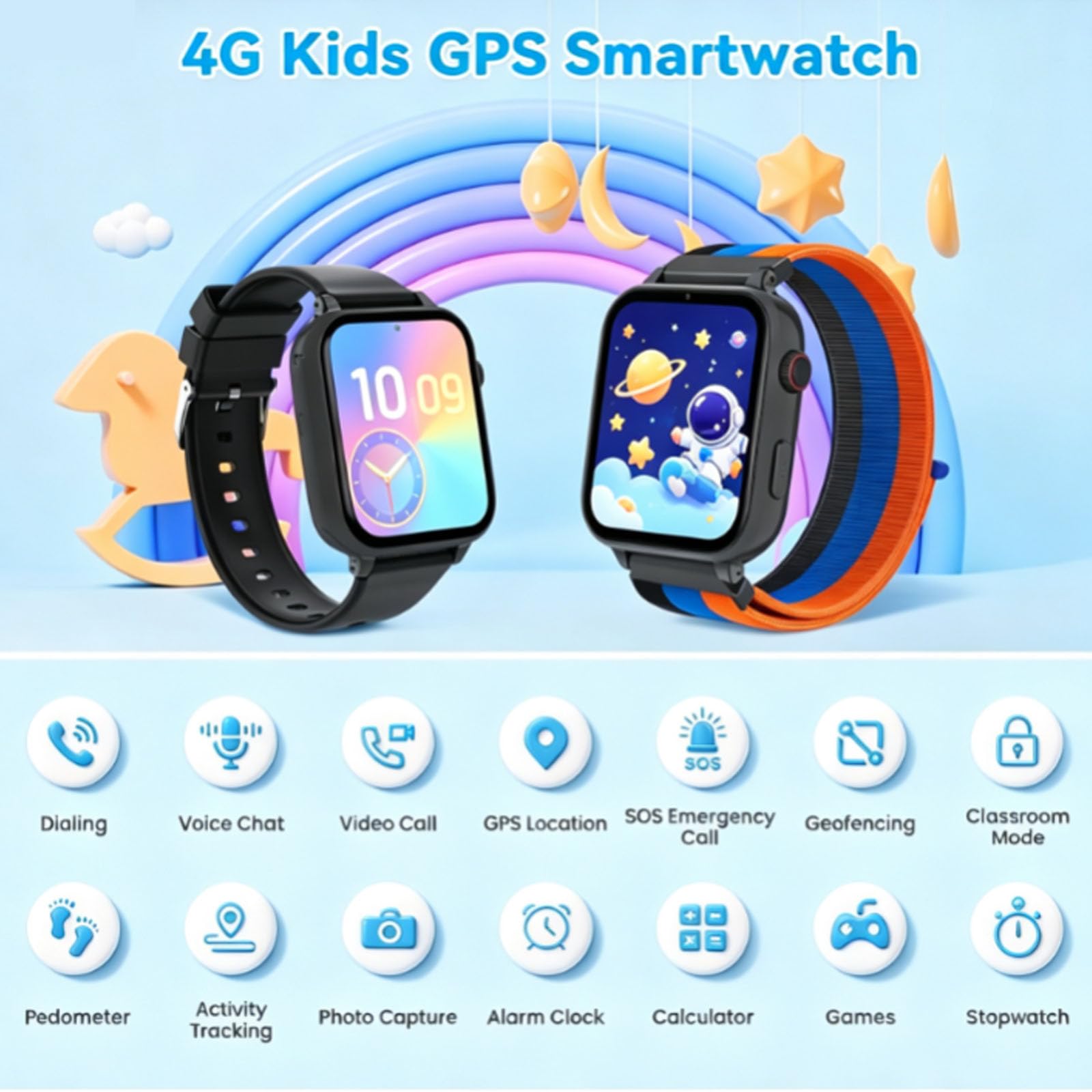 Berilona 4G Orologio da polso per bambini, GPS Smartwatch per ragazze ragazzi con chiamate/video/chat vocale, SOS, modalità scuola, allarme, pedometro, giochi smart watch per bambini 4-12 regalo, nero
