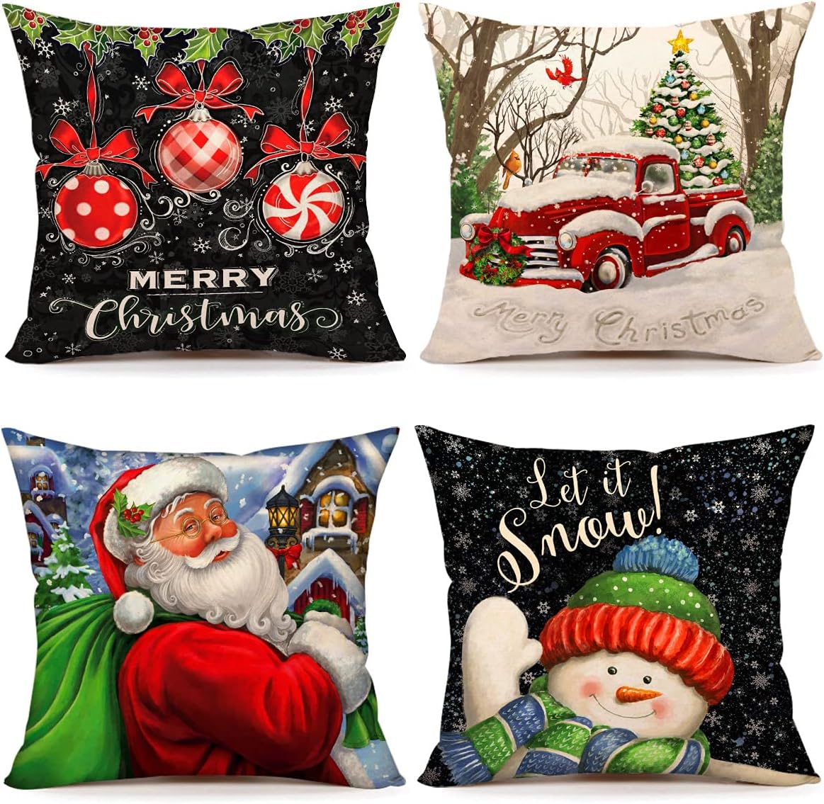 4TH Emotion Watercolor Christmas Pillow Covers 18x18 Set of 4 Farmhouse Christmas Decor Merry Christmas Red Truck Santa Claus Snowman Winter Holiday Decorations Throw Cushion Case for Home Couch T18