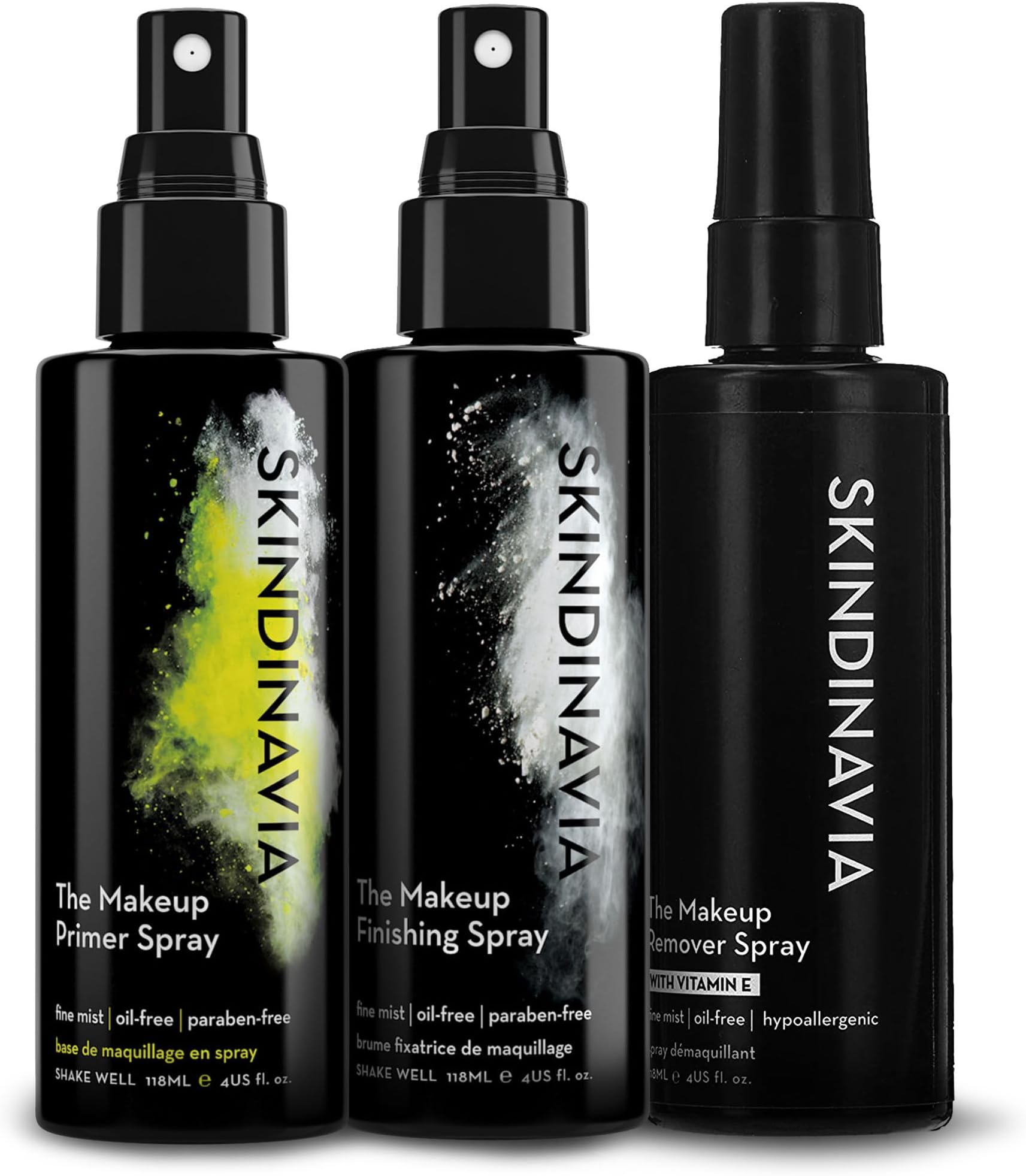 Makeup Primer + Finishing + Makeup Remover Spray, Hydrating Spray, Pore Minimizing Primer Mist, Long Lasting, Waterproof Mist, Hypoallergenic Cleansing Mist, (3 x 4 Fl. Oz.)