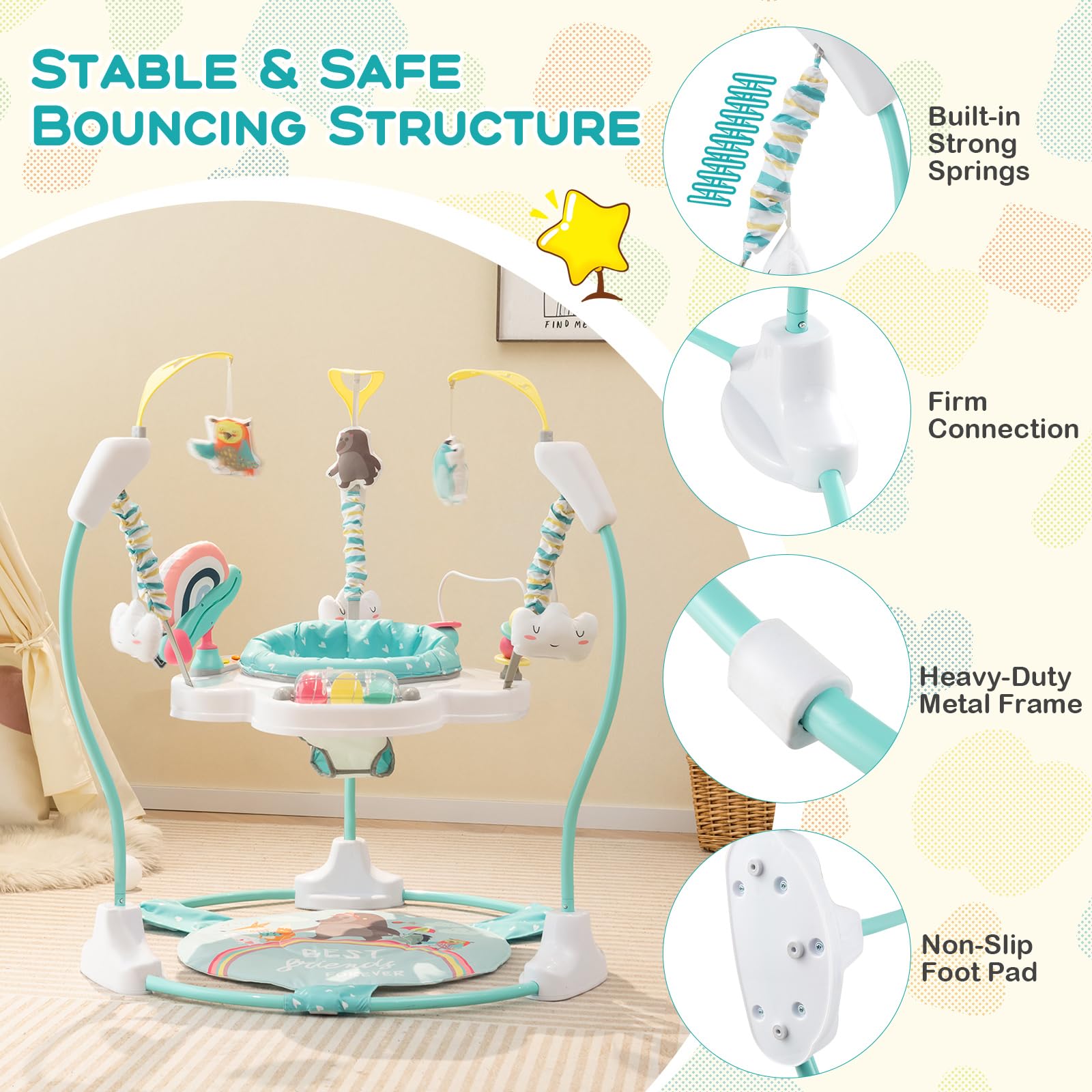 FANTASK Jumperoo Baby, Stationäres Aktivitätscenter mit 360° drehbare Sitz, Spielzeug & Musiktablett, bis 12 kg, ab 6 Monaten