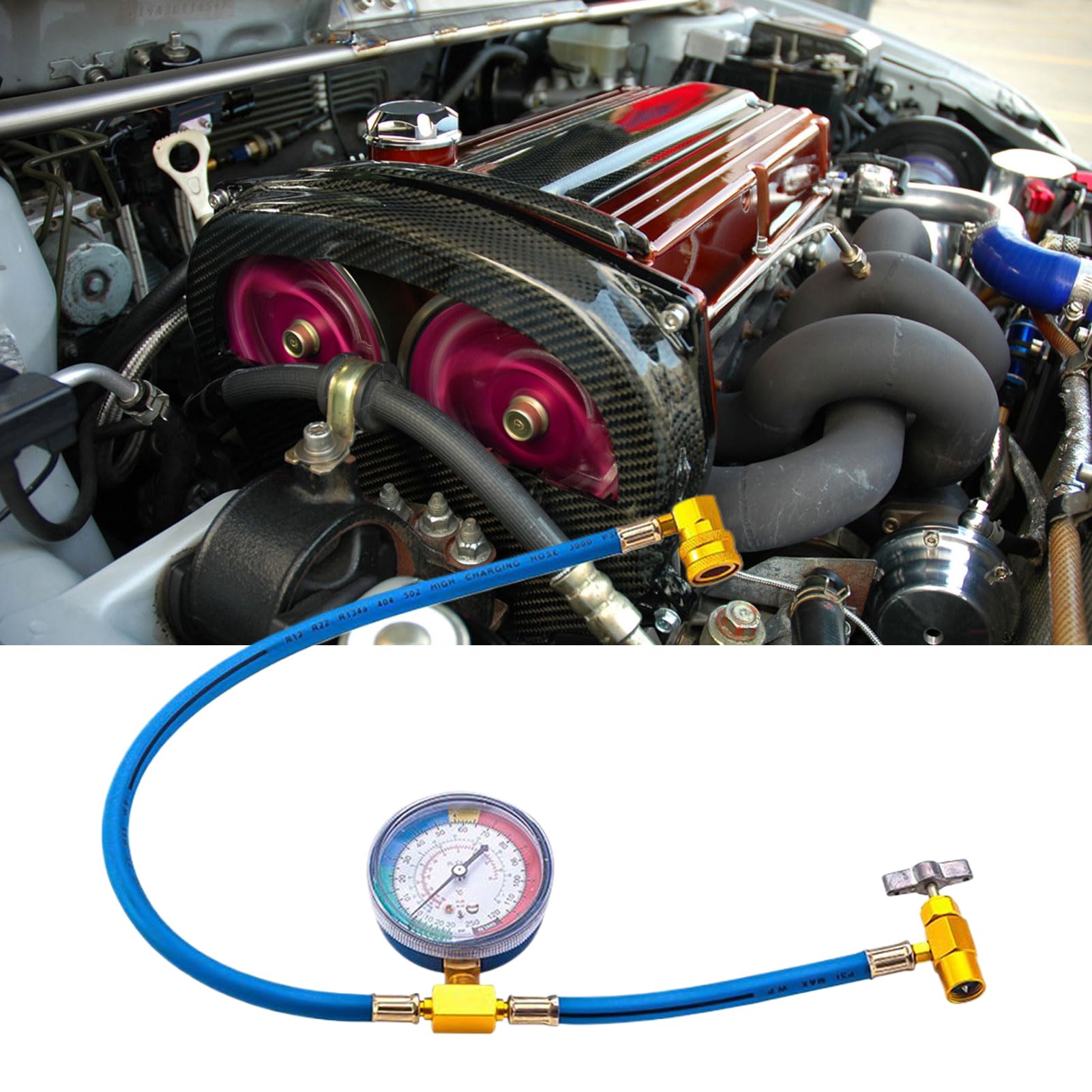 Tubo di ricarica CA con manometro, tubo refrigerante AC, con manometro, tubo refrigerante anti-riflusso, per rilevamento perdite, riparazione auto, HVAC commerciale frigorifero