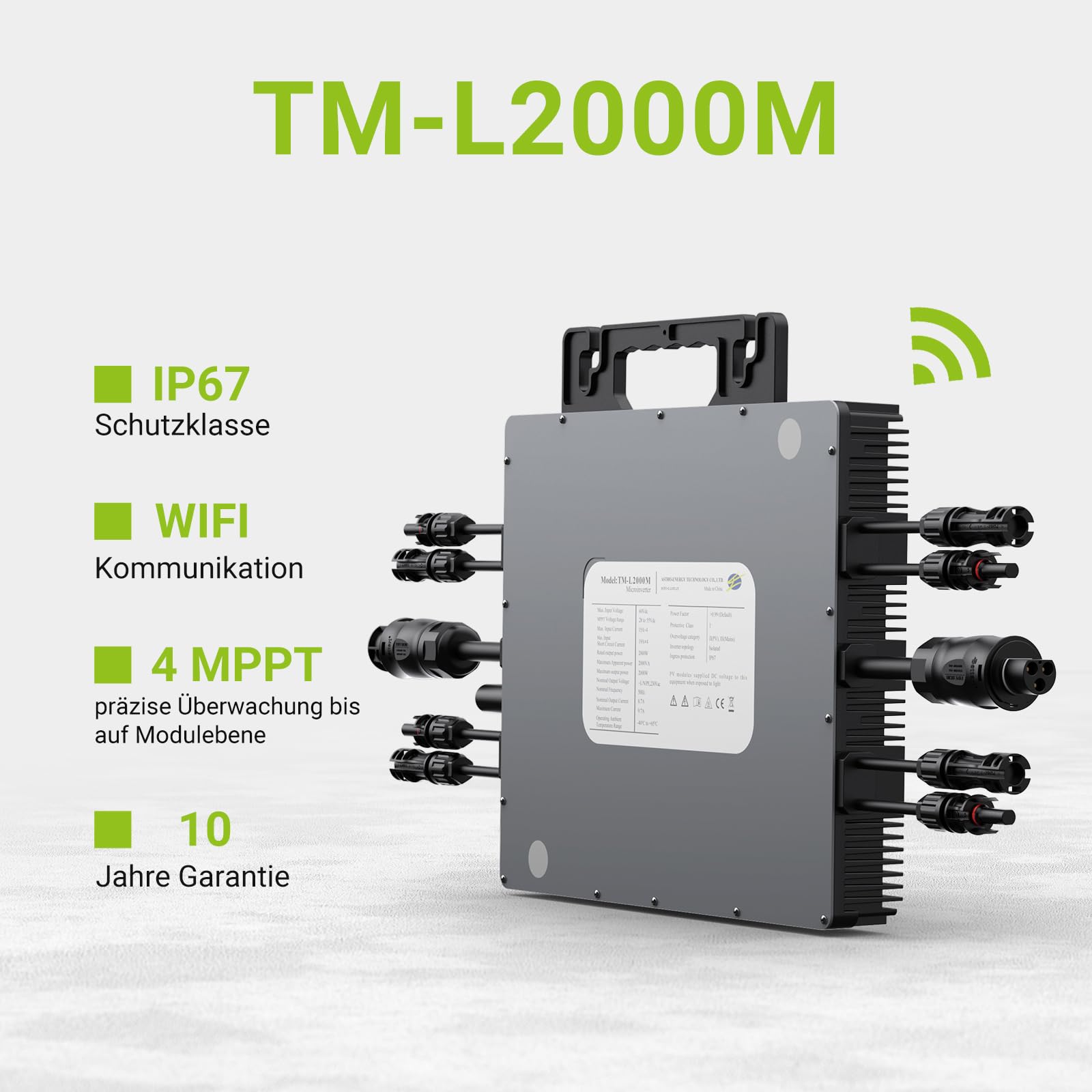 2000W Wechselrichter, Solar Mikrowechselrichter mit WLAN & Bluetooth, App-Fernüberwachung, IP67 Wasserdicht Wechselrichter, mit 5 m AC-Kabel für Balkonkraftwerk