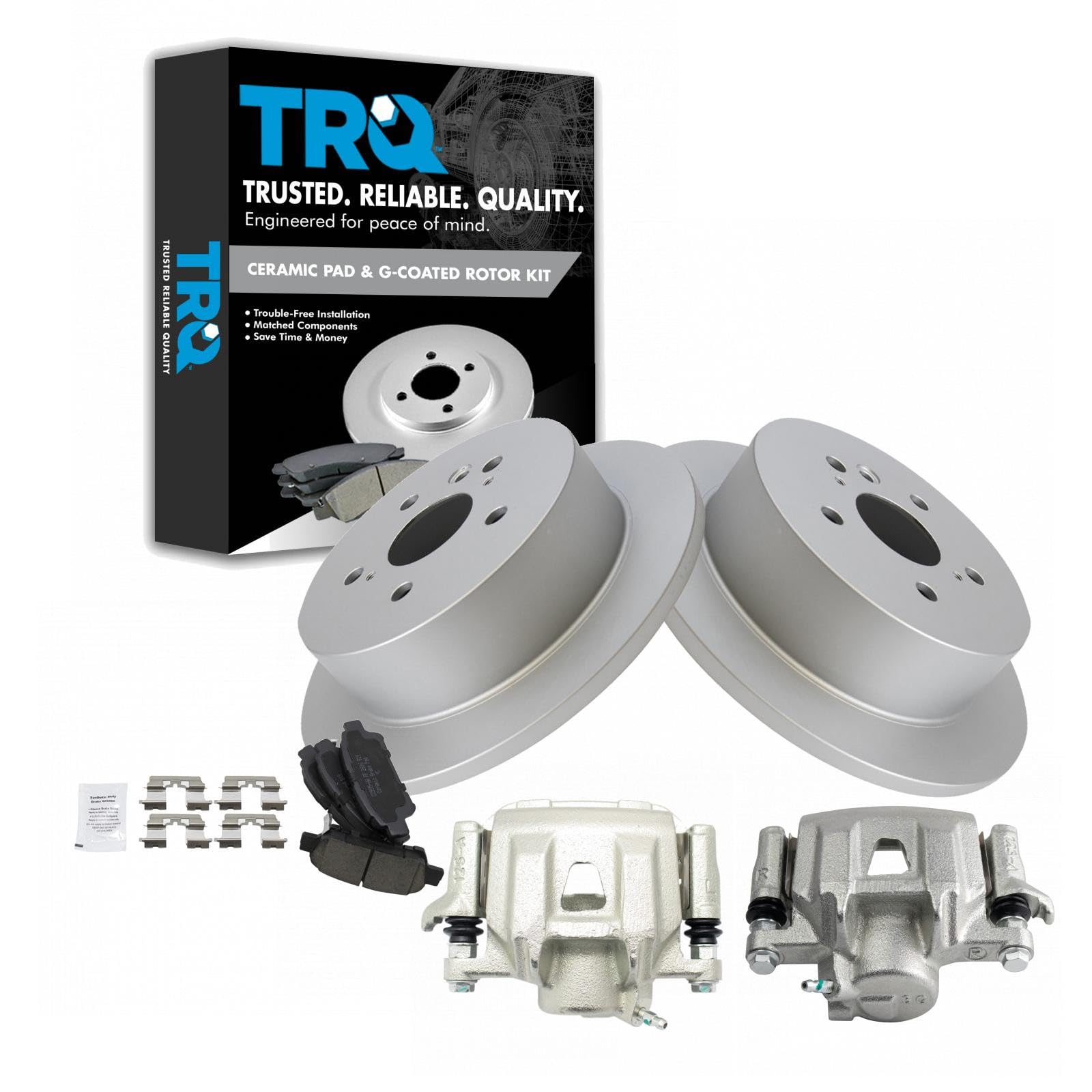 TRQ Rear Brake Pad and Rotor Set Ceramic Solid Rotors Calipers