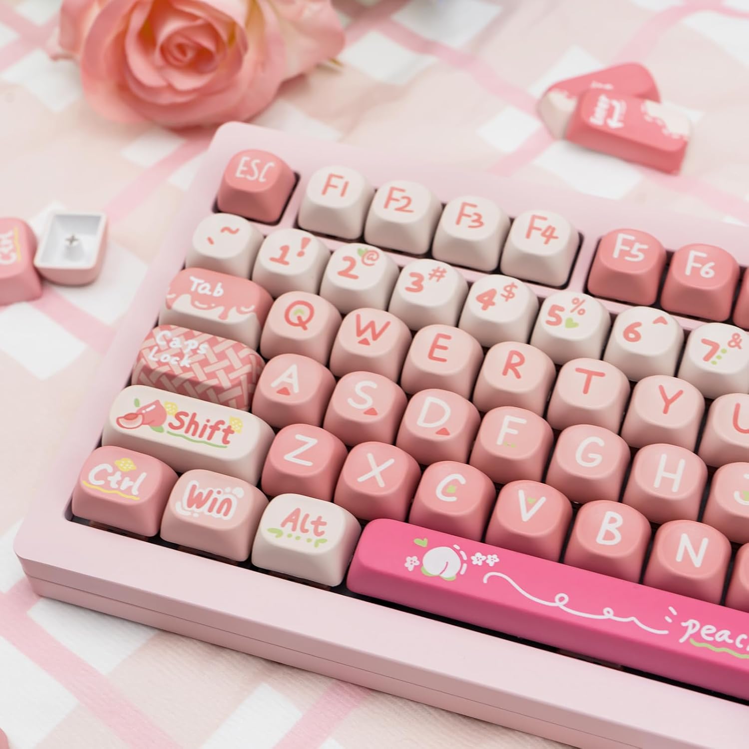 128 Key Peach PBT Keycap Set, MOA Profile, Dye-Sublimation, Cute Keycaps for for Cherry Gateron MX Switches Mechanical Gaming Keyboard (Pink)