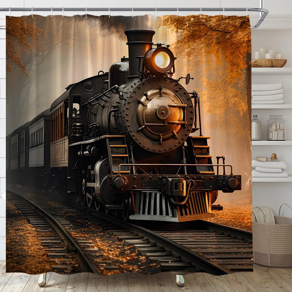 Retro Steam Train Shower Curtain Antique Engine Vintage Old Train Railway Smoke Fall Tree Forest Rustic Nature Scenery 84" Wx70 H Fabric Bathroom Decor Curtain with Hooks