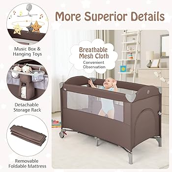 GYAX 5 In 1 Folding Travel Cot, Portable Baby Bed Playard With Diaper
