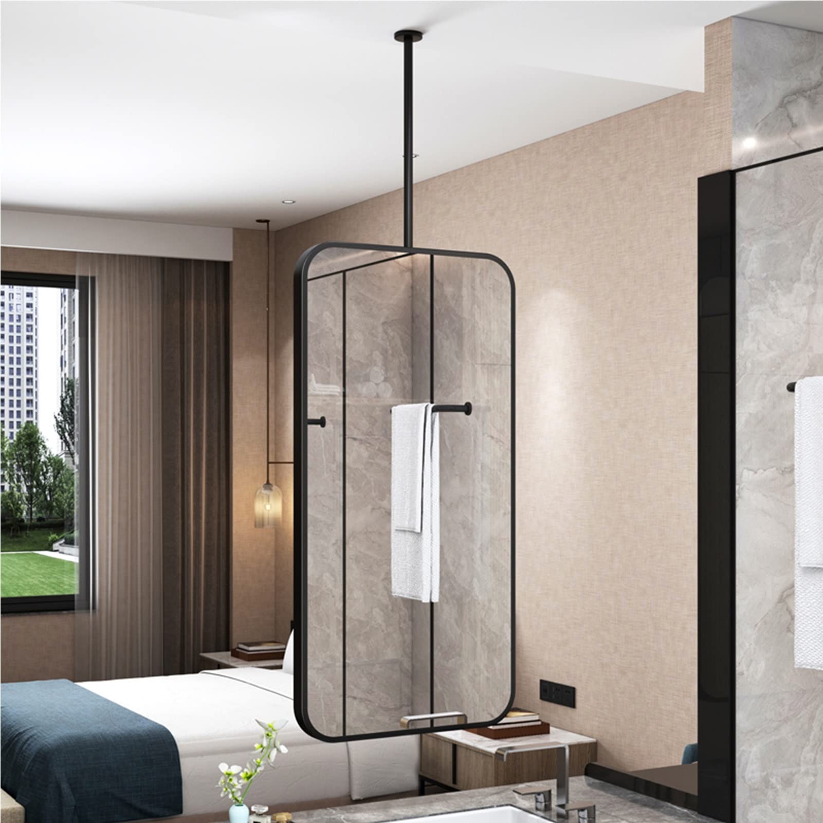 Espejo Rectangular Nórdico Techo Montado Colgante Negro Sala de Baño y Estar (Size: 50cmx70cm)