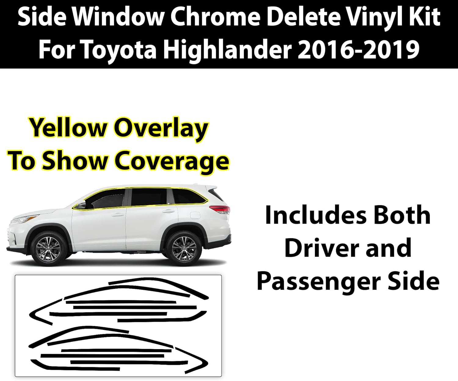BOGAR TECH DESIGNS for Toyota Highlander 2016-2019 Side Window Chrome Delete – Precut Vinyl Trim Overlay, Gloss Black Blackout Appearance