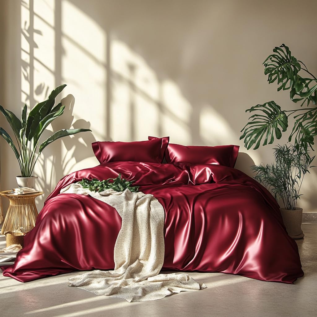 Lanqinglv - Juego de ropa de cama de satén, 135 x 200 cm, simulación de seda, 2 piezas, lila, funda nórdica con funda de almohada de 50 x 75 cm, microfibra, borgoña, 220x240cm+80x80cm*2