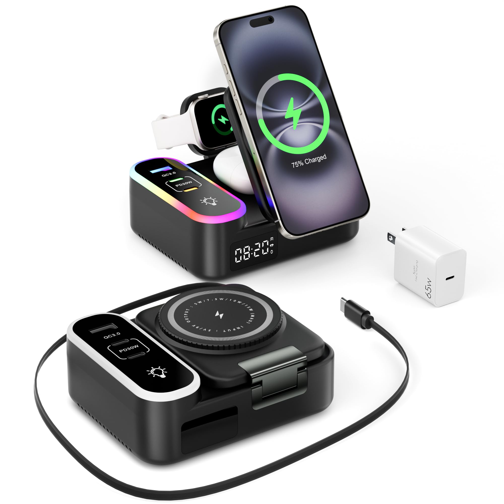 8-in-1 Charging Station 65W 15W Magnetic Wireless Charger with Retractable Cable 30W USB C Fast Charging Stand for