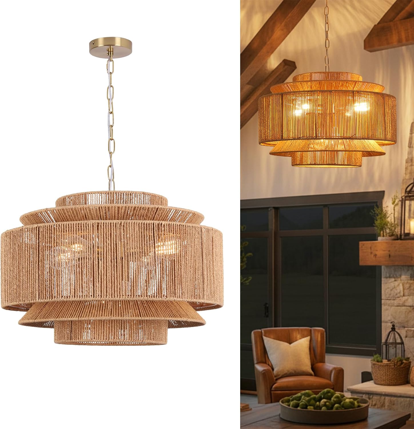 24 Inches Large Farmhouse Rattan Chandeliers for Dining Room Adjustable Height, 6 Lights Coastal Chandelier with Wicker Lampshade, Boho Woven Chandelier for Island Kitchen Bedroom Living Room