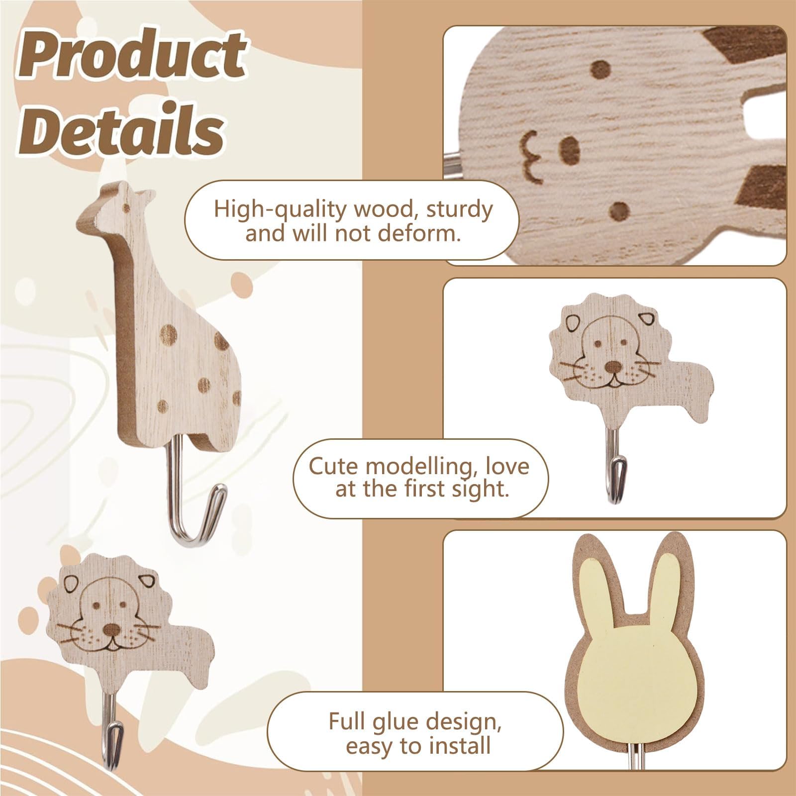 Garçonnière en Bois pour Enfants, Lot de 8 Crochets Adhésifs Animaux - Éléphant, Baleine, Chat, Lion, Lapin, Girafe pour Enfants - Crochets de Rangement à Fixation Murale pour Chambre d'enfant