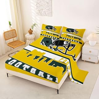 Erosebridal Football Bed Sheets Set Queen Football Fans Sheet Set for Boys Girls American Football City Sheets Yellow Rugby Competition Room Decor Sports Ball Game Flat Fitted Sheet(Green Bay)