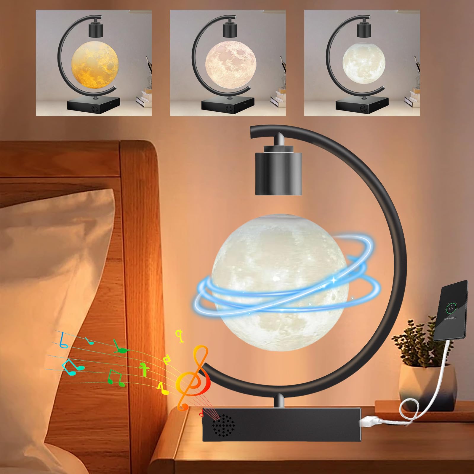 Levitating Moon Lamp Magnetic Levitating Moon Lamp with Speaker 360° Rotation 3D Moon Lamp with 3 Colors, Planet LED Night Light with Fast Charger Zero-Gravity Floating Desk Toys for Gifts ,Black