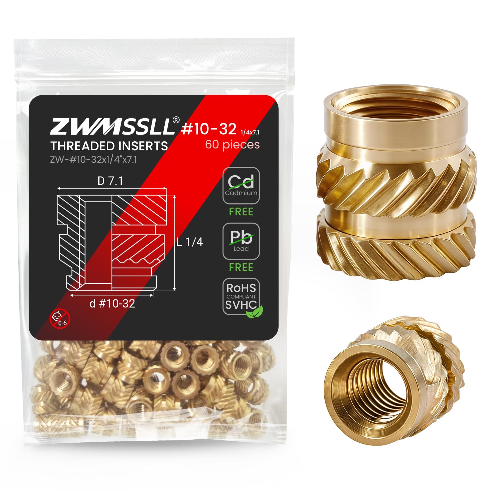 ZWMSSLL #10-32 Heat Set Threaded Inserts,60 Pieces 10-32x1/4 x7.1-Inches Brass Heat Set Insert for Plastic Parts,UNF knurled Nuts,Insert by Heat into 3D Printing Components — image 1
