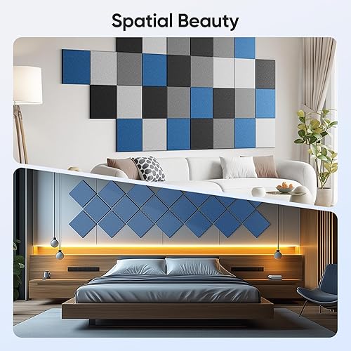 Miniatura 5 de Paquete de 12 paneles acústicos de 12 x 12 x 0.4 pulgadas para absorción de sonido de pared, paneles de sonido cuadrados autoadhesivos, de alta