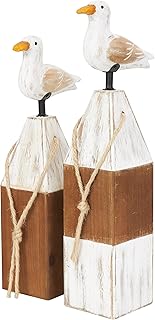 Deco 79 Wooden Bird Decorative Sculpture Home Decor Statues with White Distressed Buoy Posts, Set of 2 Accent Figurines 16", 15" H, Brown