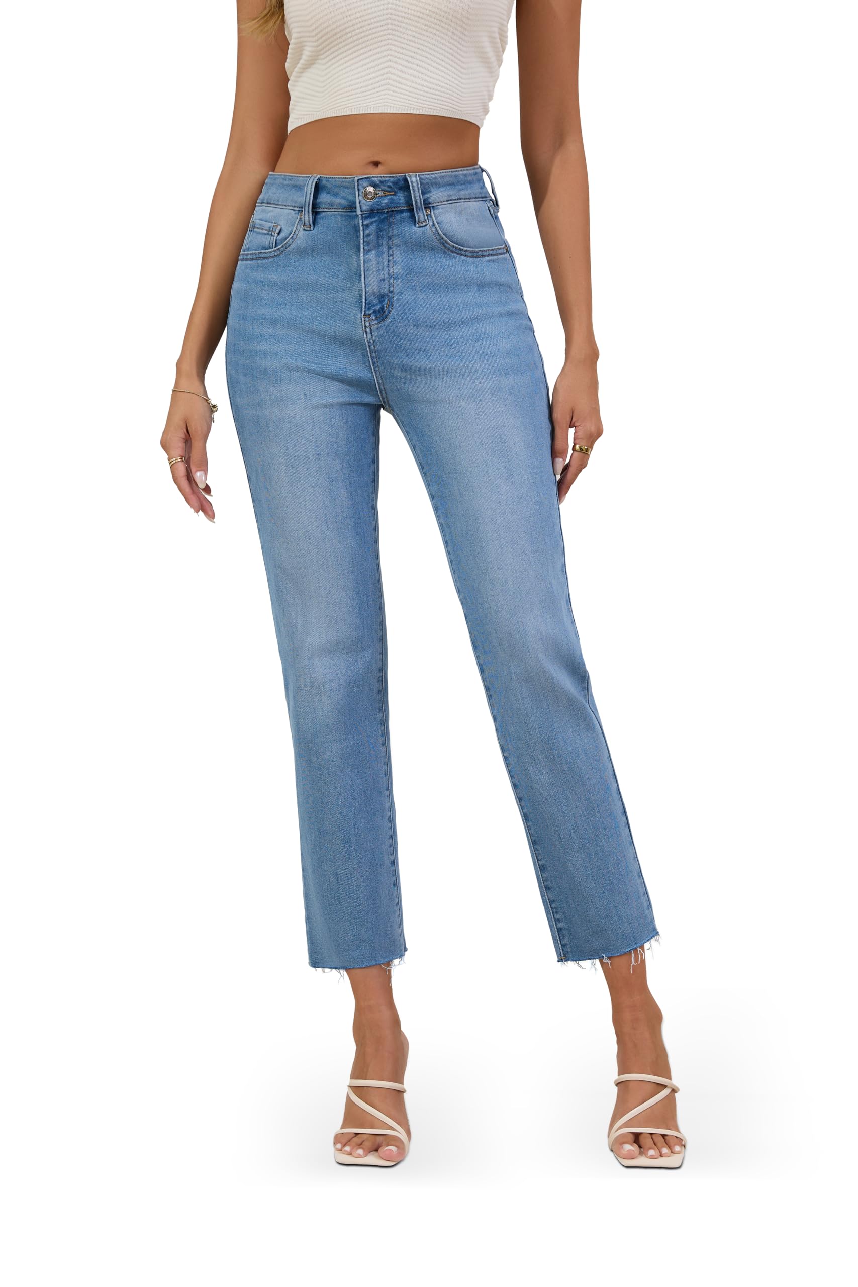 FLYING BANANA Women's High Waisted Straight Slim Ankle Stretch Denim Trendy Jeans