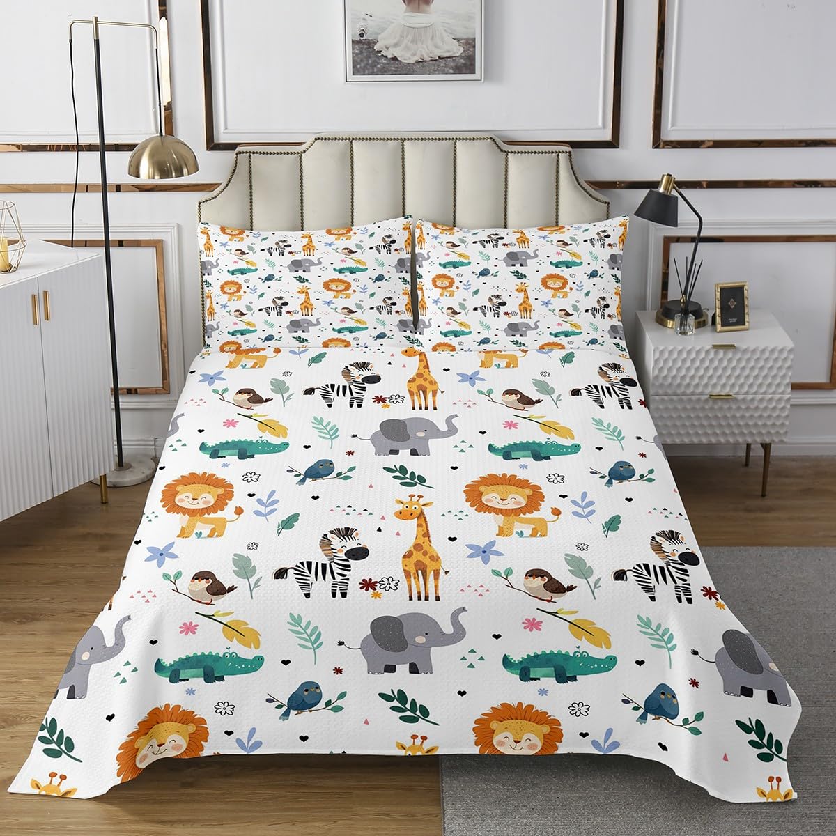 Erosebridal Queen Size Zoo Animal Quilt Set, Giraffe Lion Elephant Bedspread, Cute Wild Animals Coverlet for Kids Teens Boys Girls Bedroom, Cartoon Safari Wildlife Bedding Set