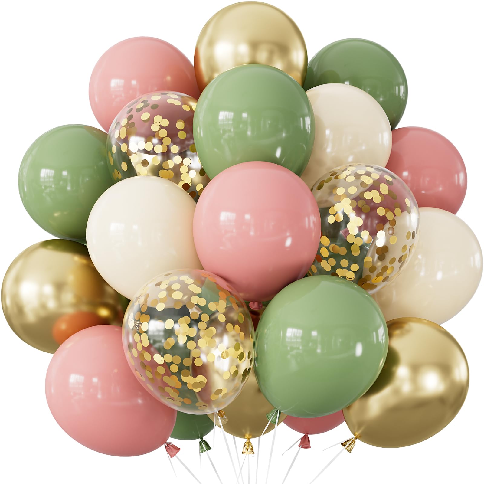 Adeyoo Pink and Green Balloons - 12 Inch Sage Green Dusty Pink Beige Gold Fairy Balloons with Gold Confetti Balloon Bright Tea Party Balloon for Easter Birthday Fairy Woodland Tea Party Decorations — image 1