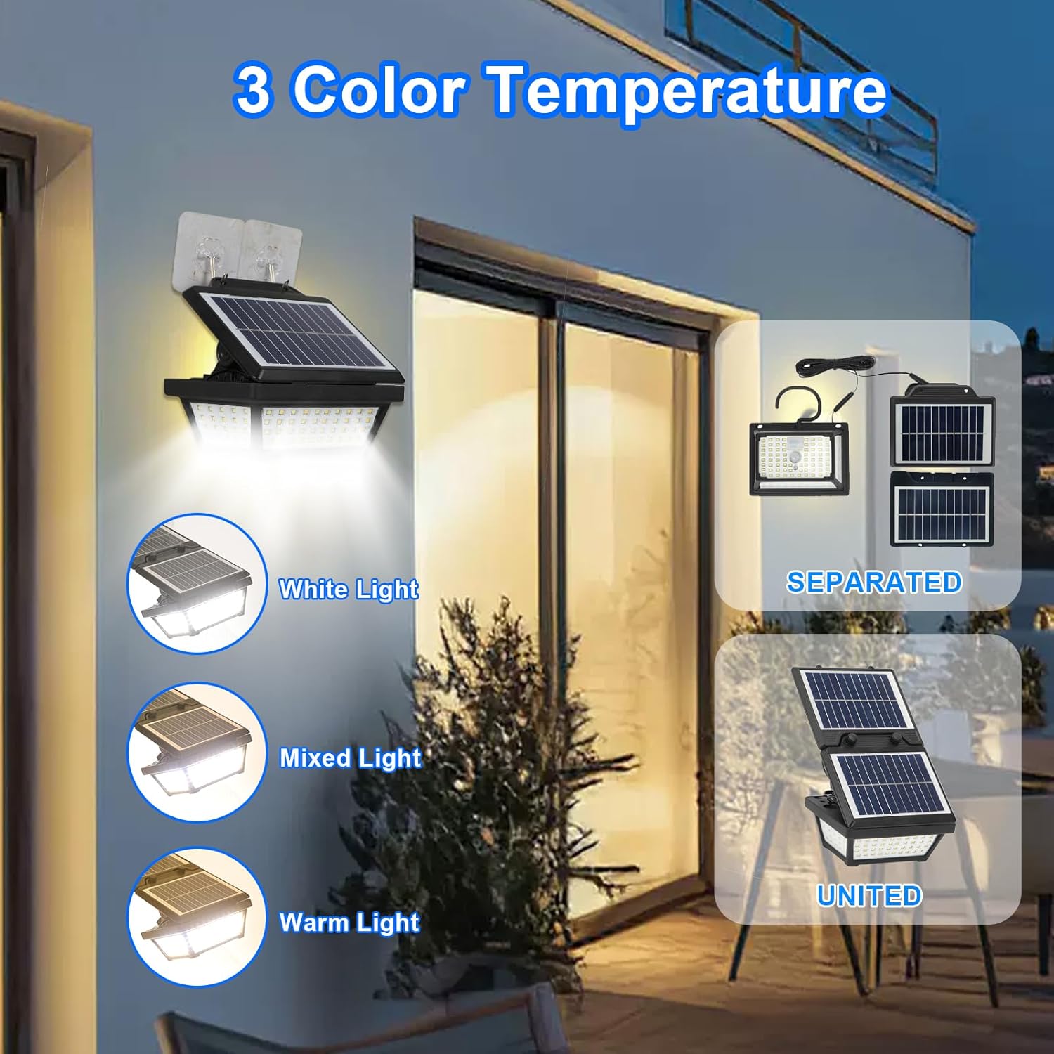 190LED Split Solar Motion Sensor Lights Outdoor Indoor.3 Modes with Remote&16.4Ft Cable Solar Powered Fence Security Light Waterproof, Clip On Flood Lights for RV.Camping.Yard.Patio.Garage.Garden