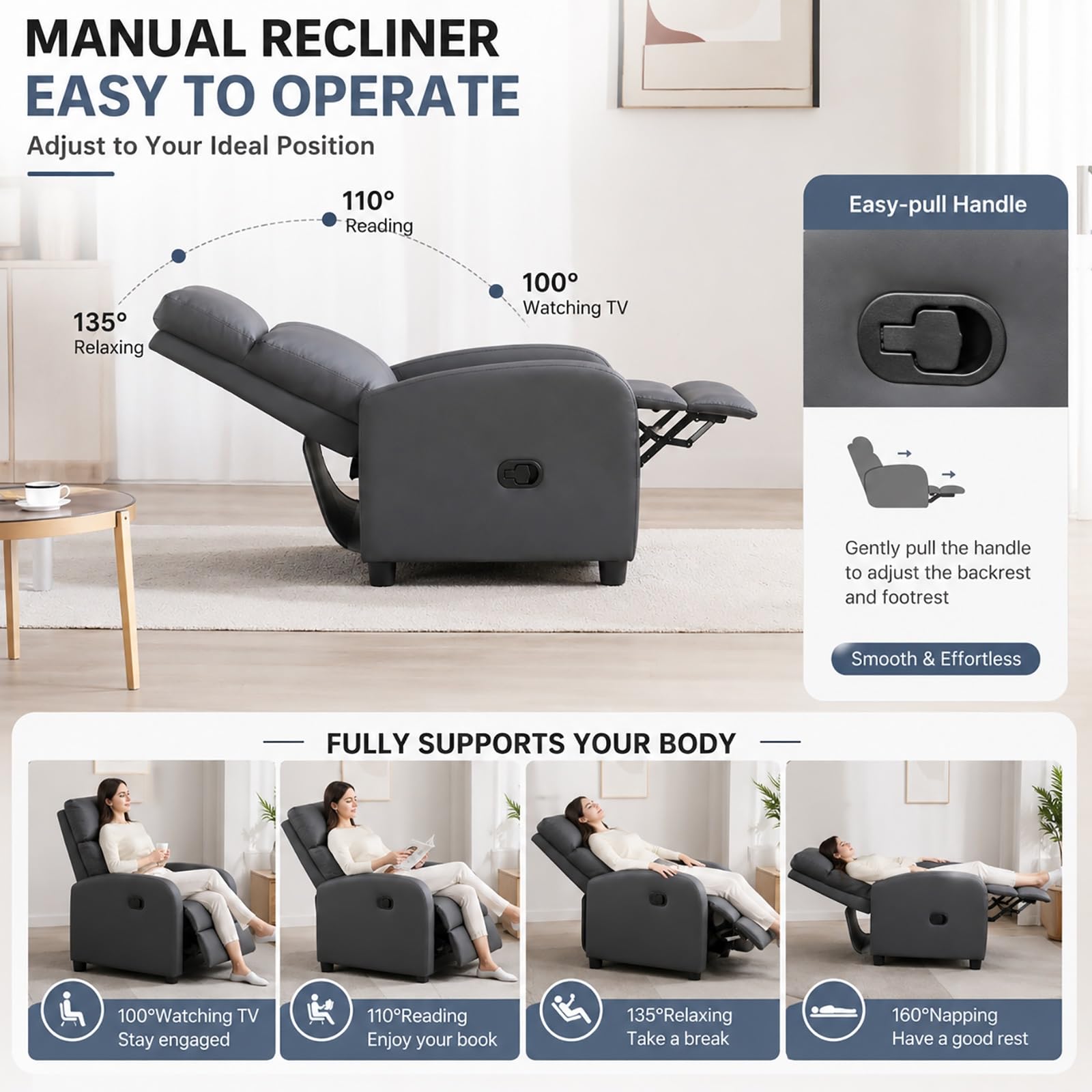Liegesessel, Sessel mit Hoher Rückenlehne, Dick Gepolsterter Sitzfläche und Lendenstütze, Liegesofa für Wohnzimmer, Empfangs- und Wartebereiche(Light Gray)