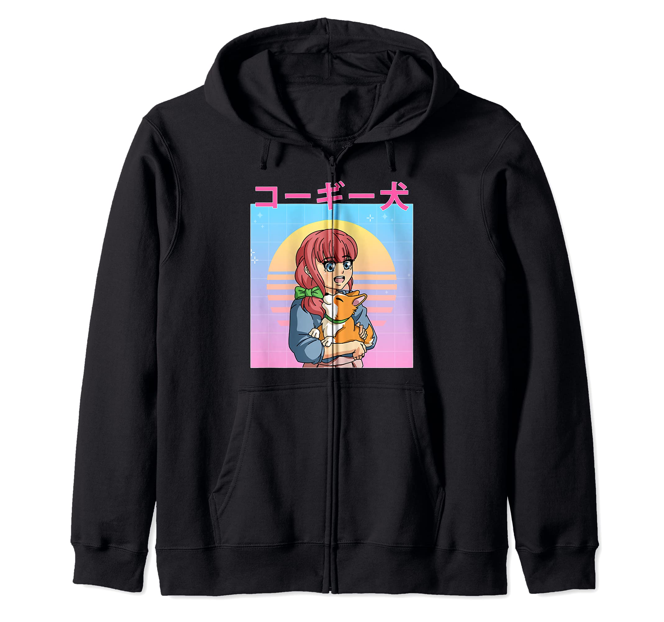 Funny Retro 90s Japanese Kawaii Anime Girl and Corgi Dog Zip Hoodie, Black