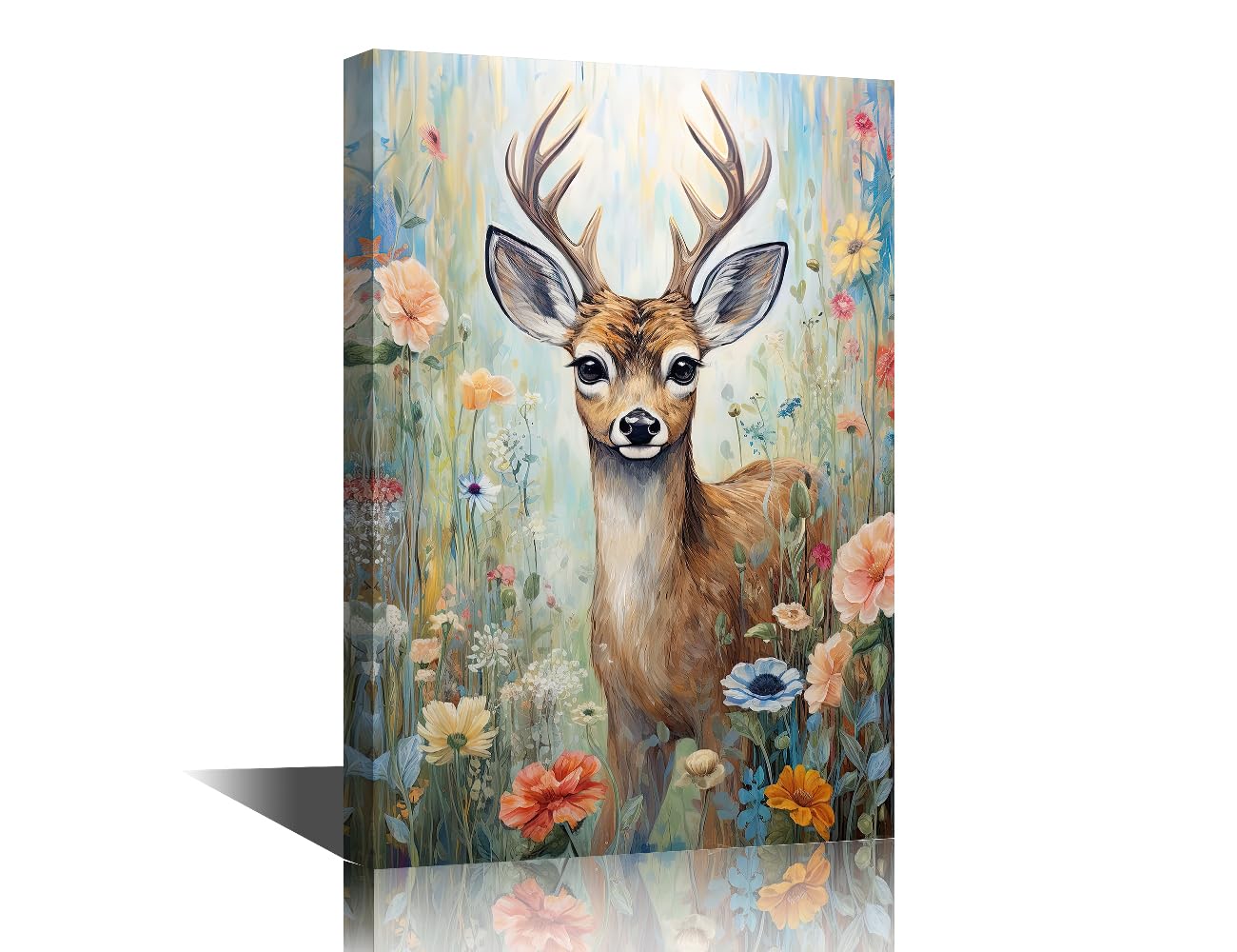 TISHIRON Small Deer Wall Art Watercolour Deer Artwork for Living Room Flower Art Decor Wall Decorations Artwork Framed Ready to Hang 12" Wx18 Hx1 Panel