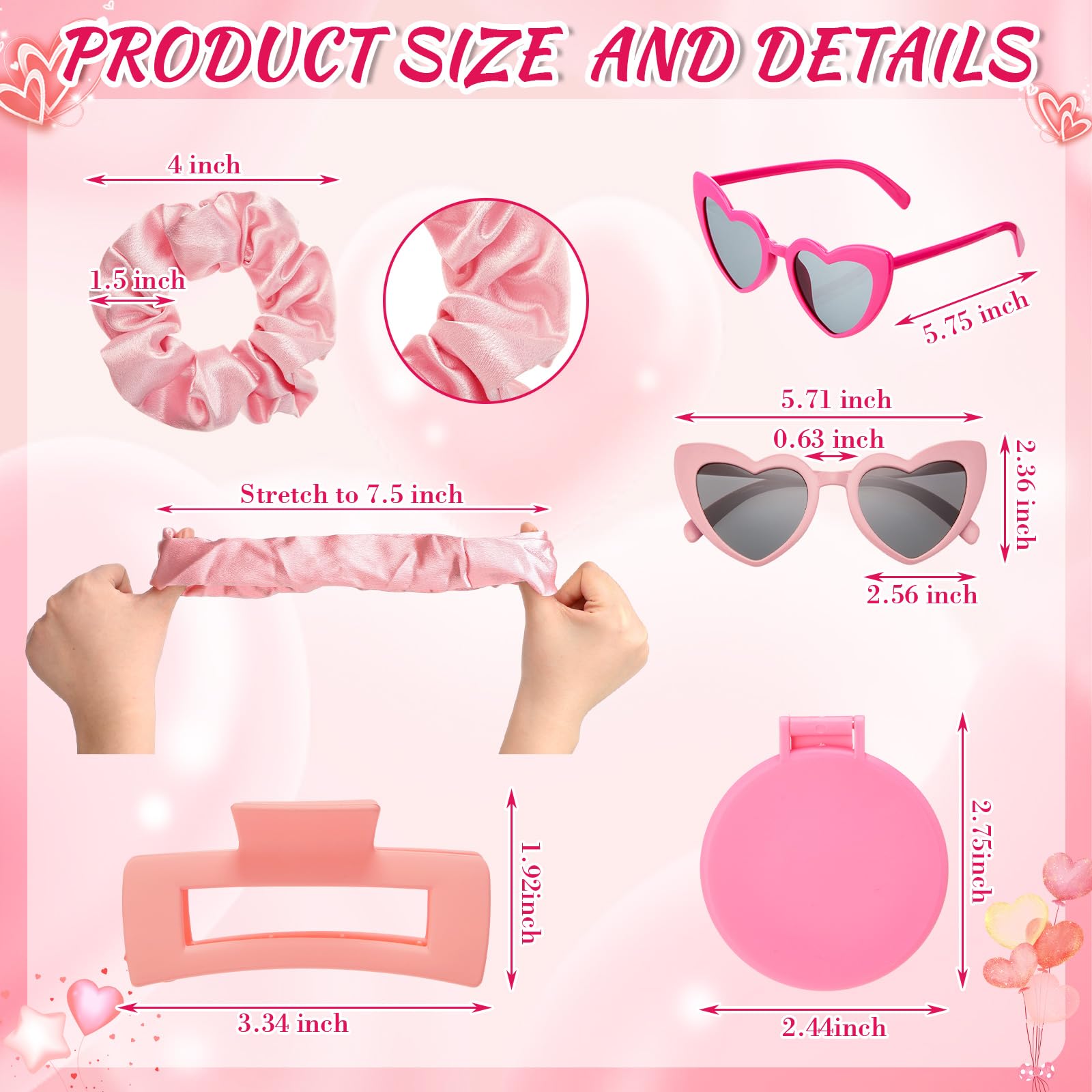 60 Pcs Galentine's Day Gift Include Pink Scrunchies Hair Clips Heart Sunglasses Bracelets Compact Mirrors Nail File Gift Cups and Straw Greeting Cards for Women Friend Bestie Valentine Party Favors