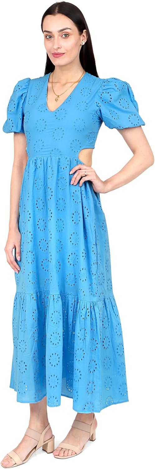Summer 2025 Women's Eyelet Dress, Blue, V-Neck, Puff Sleeve, Side Cutouts,A Line Long Flowy Beach Vacation Dresses Hollow Out Eyelet Ruffle Back Open Swing (US, Alpha, Medium Blue) - Image 2