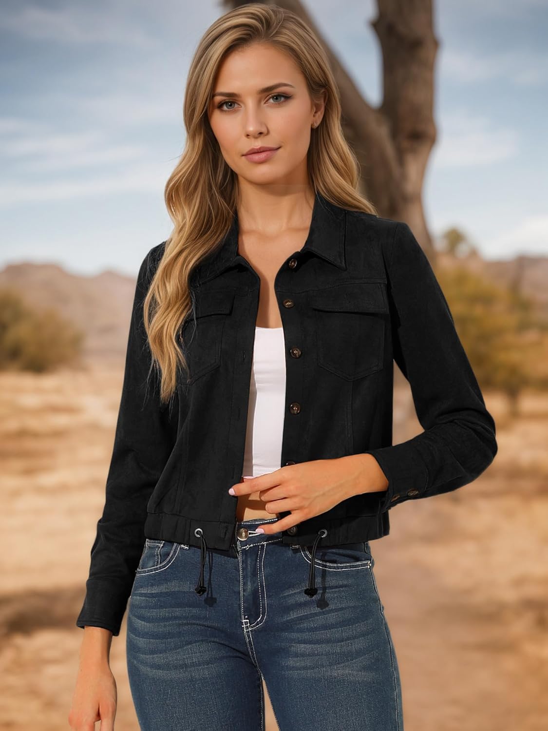 Allegra K Women's Faux Suede Jacket Button Down Collar Cropped Biker Motorcycle Jacket Fall Winter Coat - Image 2