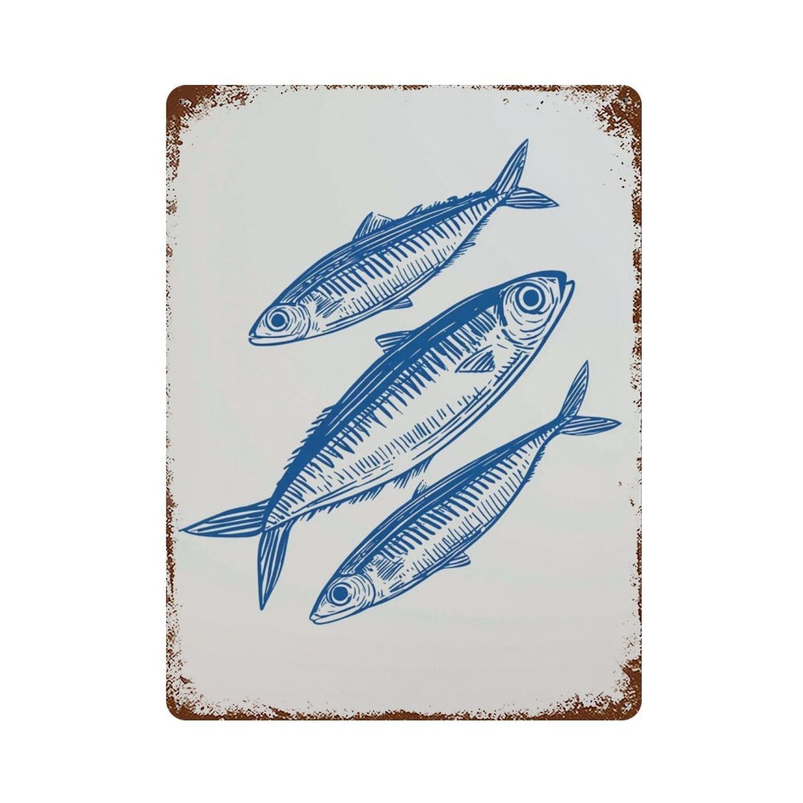 xiaoxiaoshen Sardine Fish Minimalist Seafood Kitchen Coastal Blue Nautical Line Scandinavian Wall Decor Art Metal Tin Poster Modern Home Decor Art Home Bar Shop Decorations Vintage Sign 40x30cm