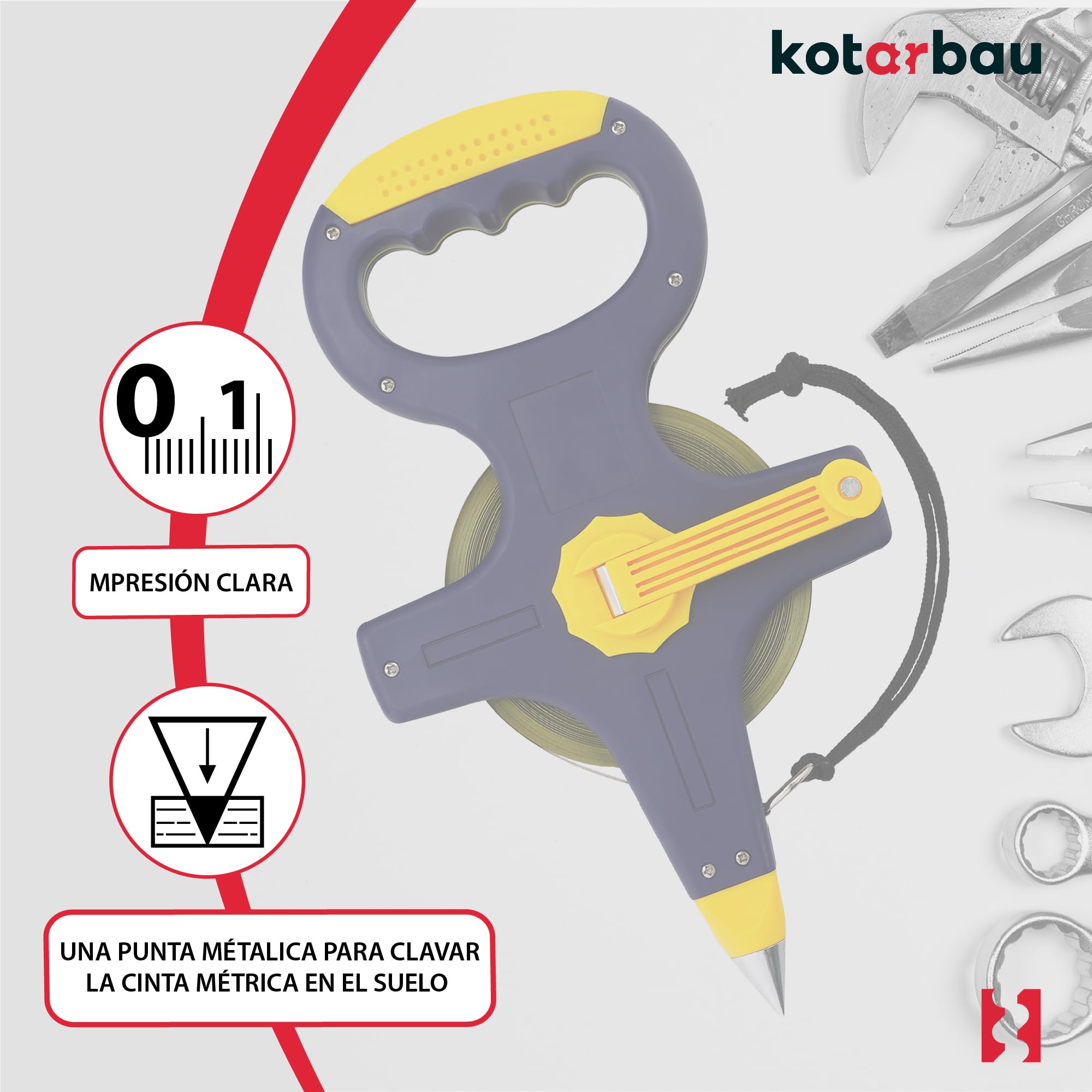 KOTARBAU® Cinta métrica de topografía 50m, Cinta de topógrafo, con punta afilada para clavar, Cinta métrico de acero, Metro de construcción, de largas distancias