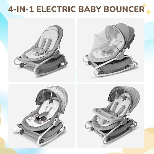 Miniatura 3 de Bouncker eléctrico 4 en 1, silla de comedor, mecedora extraíble con 16 melodías preestablecidas y Bluetooth, 0-30 meses máximo 33 libras, gris