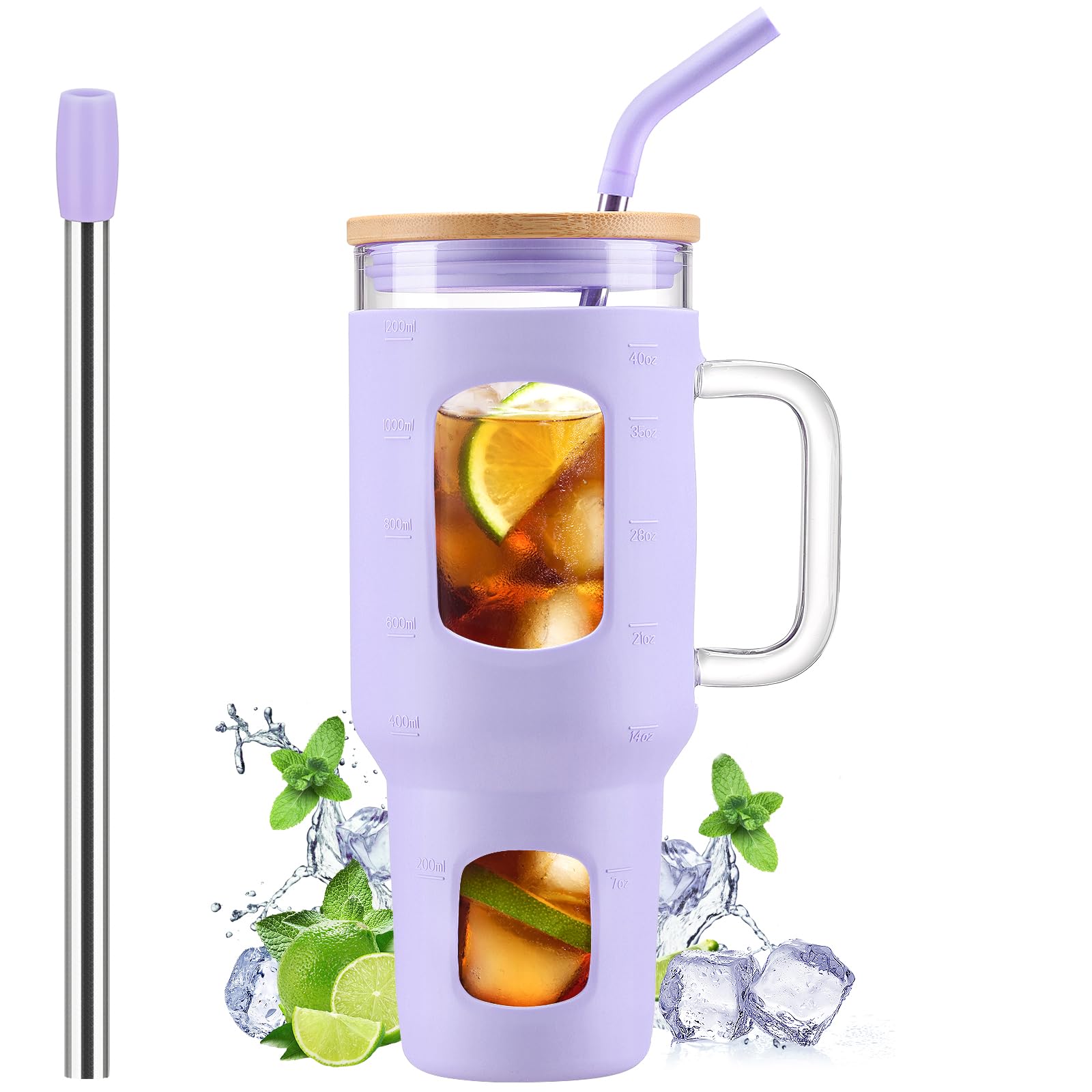 Amazon.com | WINSA Glass Tumbler with Straw and Lid, 40 oz Glass Cup ...
