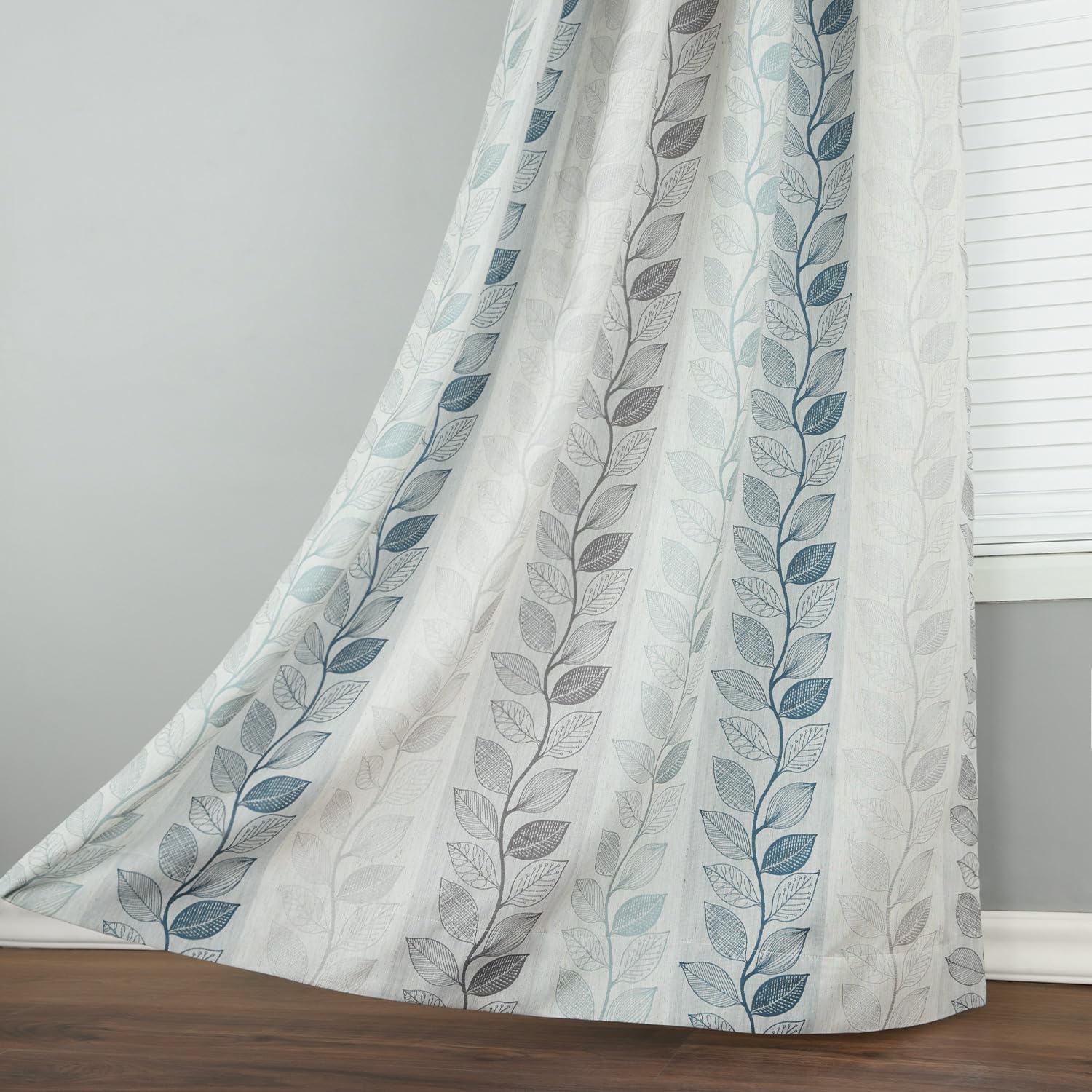 Leeva Curtains & Drapes 63 Inch Length 2 Panels Set, Light Filtering Pale Blue and Grey Leaves Window Treatment for Bedroom, Jacquard Grommet Drapes for Living Room, 52 x 63