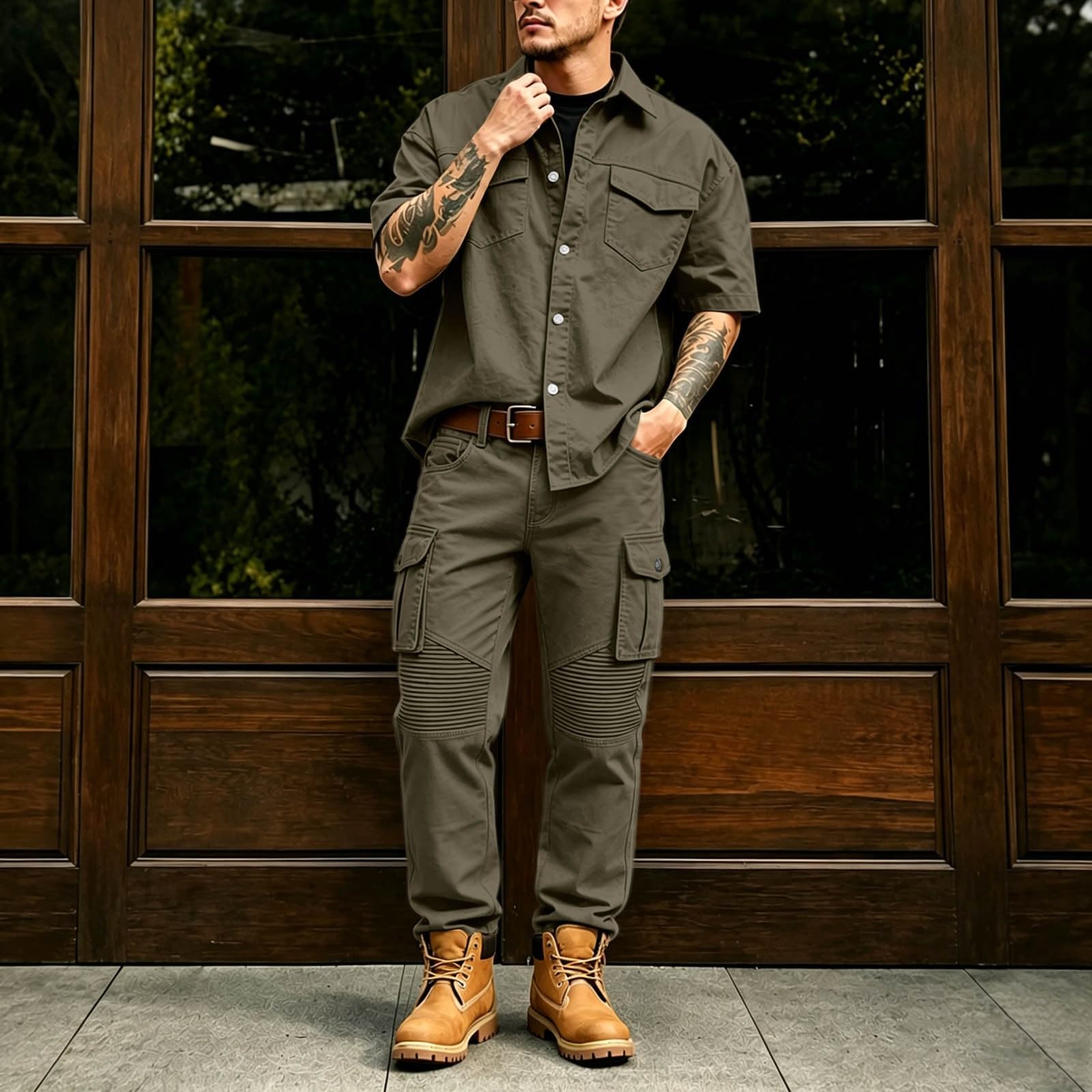 Traje de ocio para hombre Chándal holgado de 2 piezas, camisa de manga corta y pantalones cargo de patchwork, chándal cómodo, traje de fitness informal, traje deportivo para correr