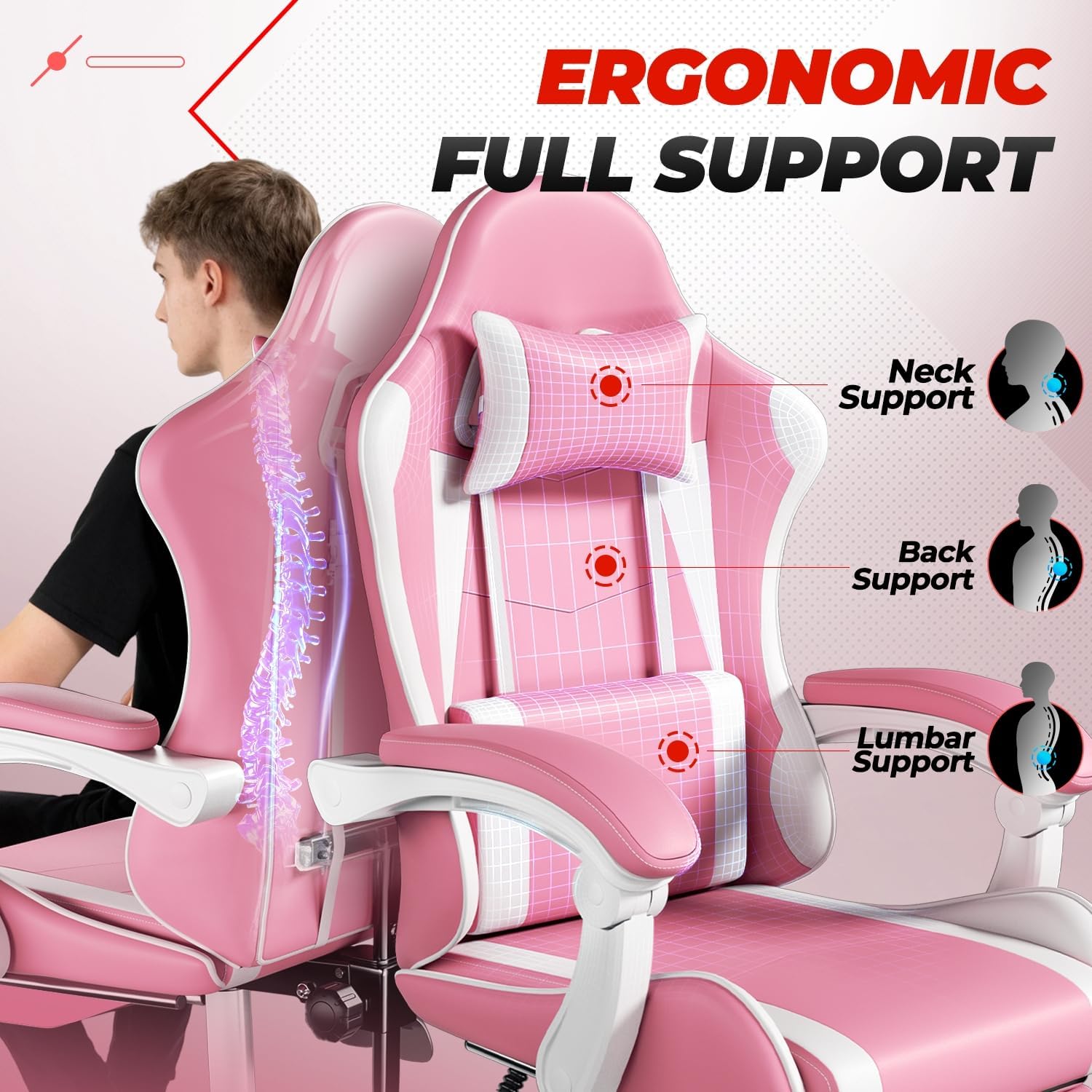 Auto Dynasty Ergonomic Gaming Chair, High-Back Office Chair w/Adjustable Lumbar Support, Linkage Armrest, Headrest & Footrest, 350LBS Recliner Swivel Computer Game Racing Chair, Pink/White
